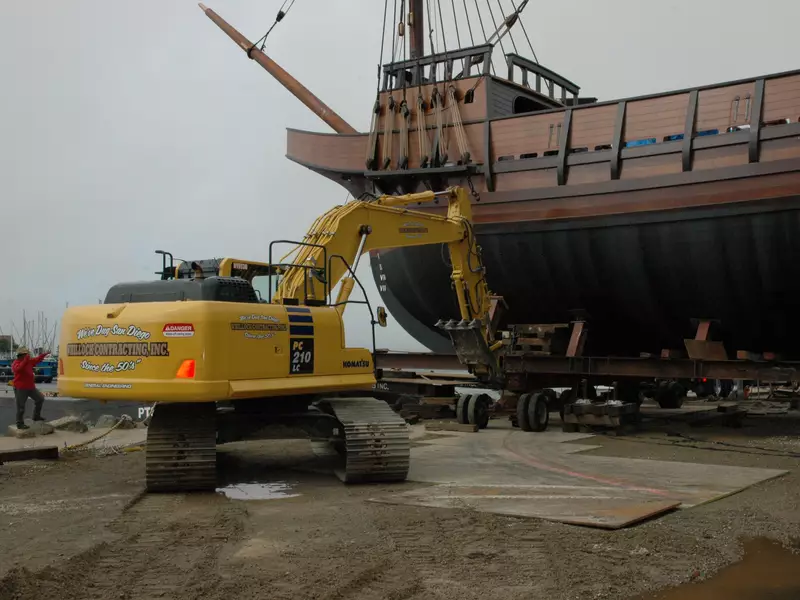 Whillock Contracting moving the San Salvador Spanish Galleon so it can be launched for the San Diego Maritime Museum.
